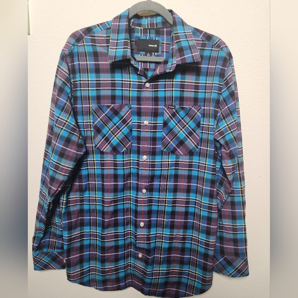 Hurley Men's Purple Blue Long Sleeve Plaid Button Down Shirt Size Large